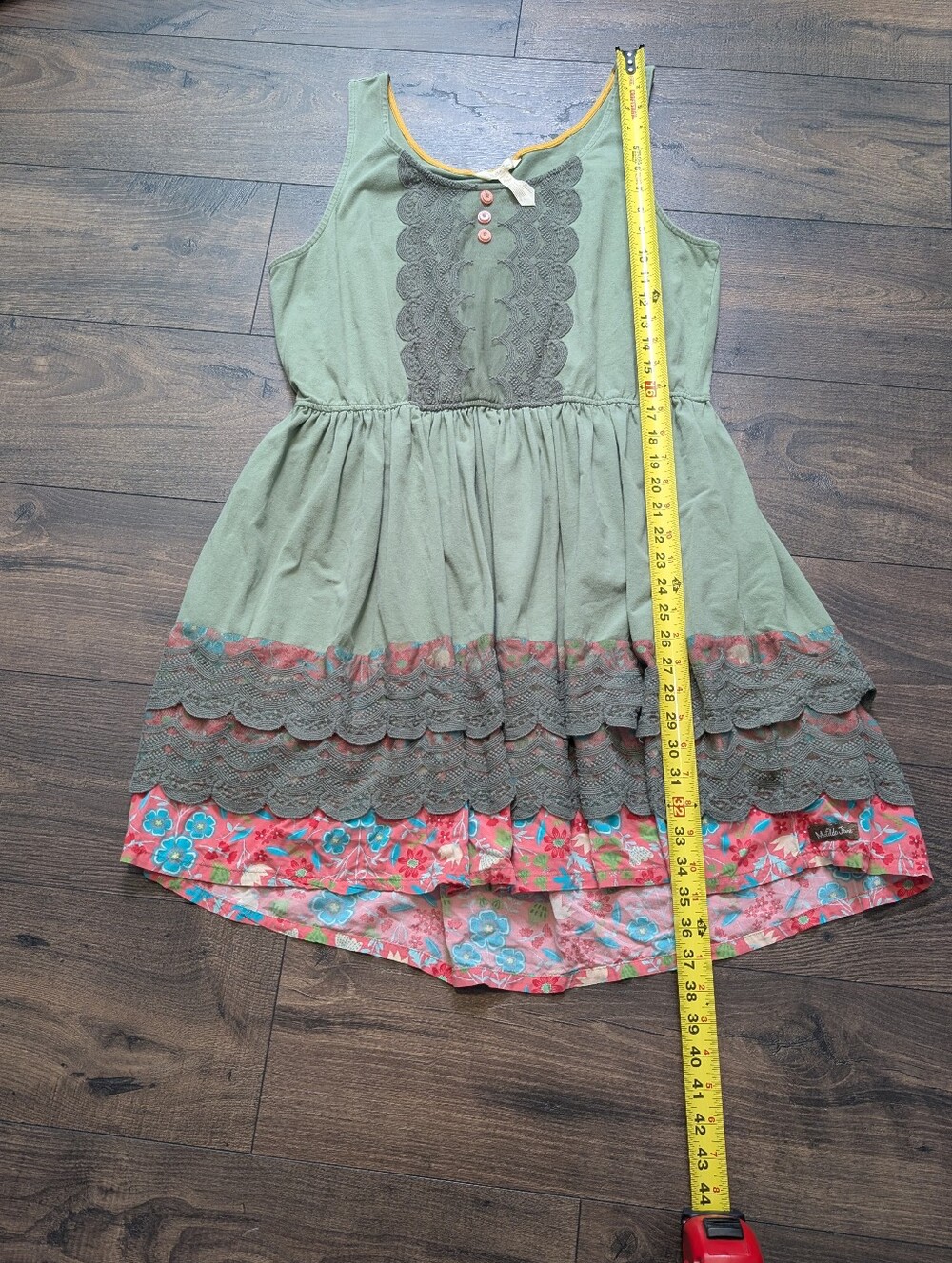 Matilda Jane Sleeveless Sage Green Lace-Trim Sundress with Floral Hem Size XL - Picture 4 of 8